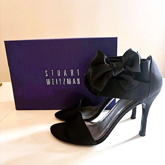 Stuart Weitzman Black Satin Bow Sandal with Elastic Bands | 4" Heel | Size 8.5 - Picture 5 of 16